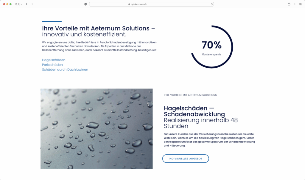 WordPress Webdesign für Aeternum Solutions: 70%-Sparpotenzial, Wassereffekt, Infos zur Hagelschadenabwicklung in 48 Std., Angebotsbutton.