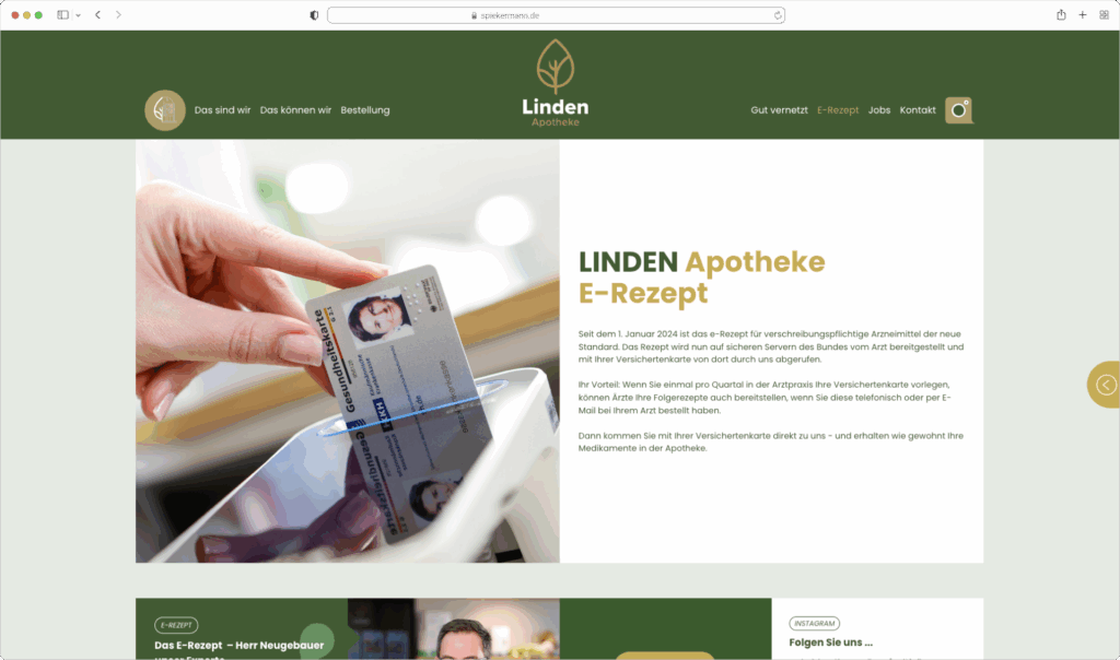 Deutsche Gesundheitskarte über Tablet am Tresen, Linden Apotheke Website mit E-Rezept; Webdesign Köln für Linden Apotheke.
