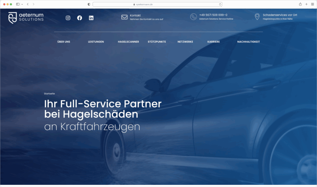 WordPress Webdesign für AETERNUM Solutions – moderne Unternehmenswebsite für Hagelschaden-Dienstleistungen, erstellt mit BricksBuilder.
