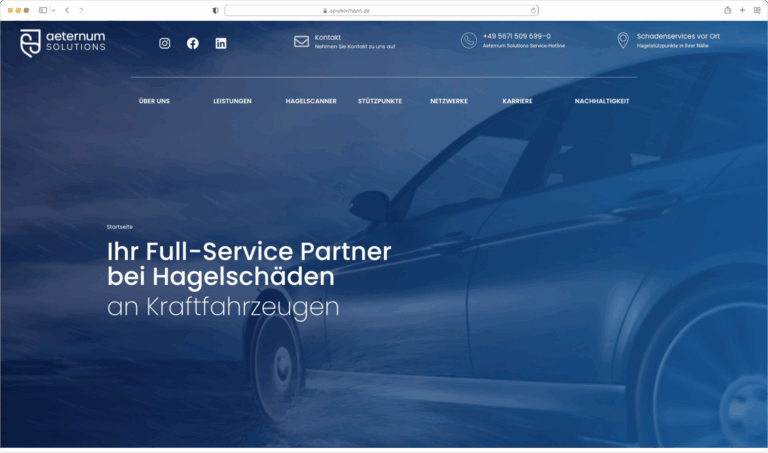 WordPress Webdesign für AETERNUM Solutions – moderne Unternehmenswebsite für Hagelschaden-Dienstleistungen, erstellt mit BricksBuilder.