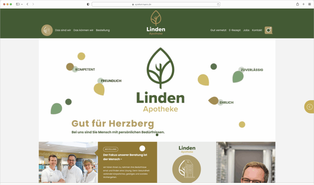 Linden Apotheke Homepage mit grün-goldenem Design, Blattgrafiken, Logo, deutschen Attributen. Webdesign Köln Referenz.
