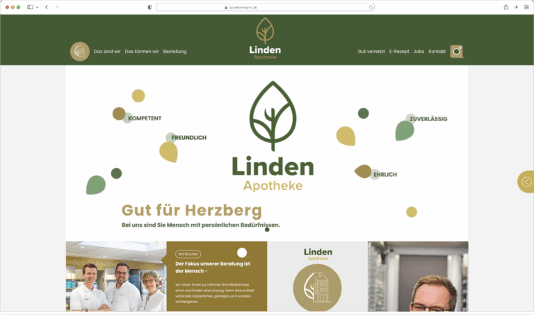Linden Apotheke Homepage mit grün-goldenem Design, Blattgrafiken, Logo, deutschen Attributen. Webdesign Köln Referenz.