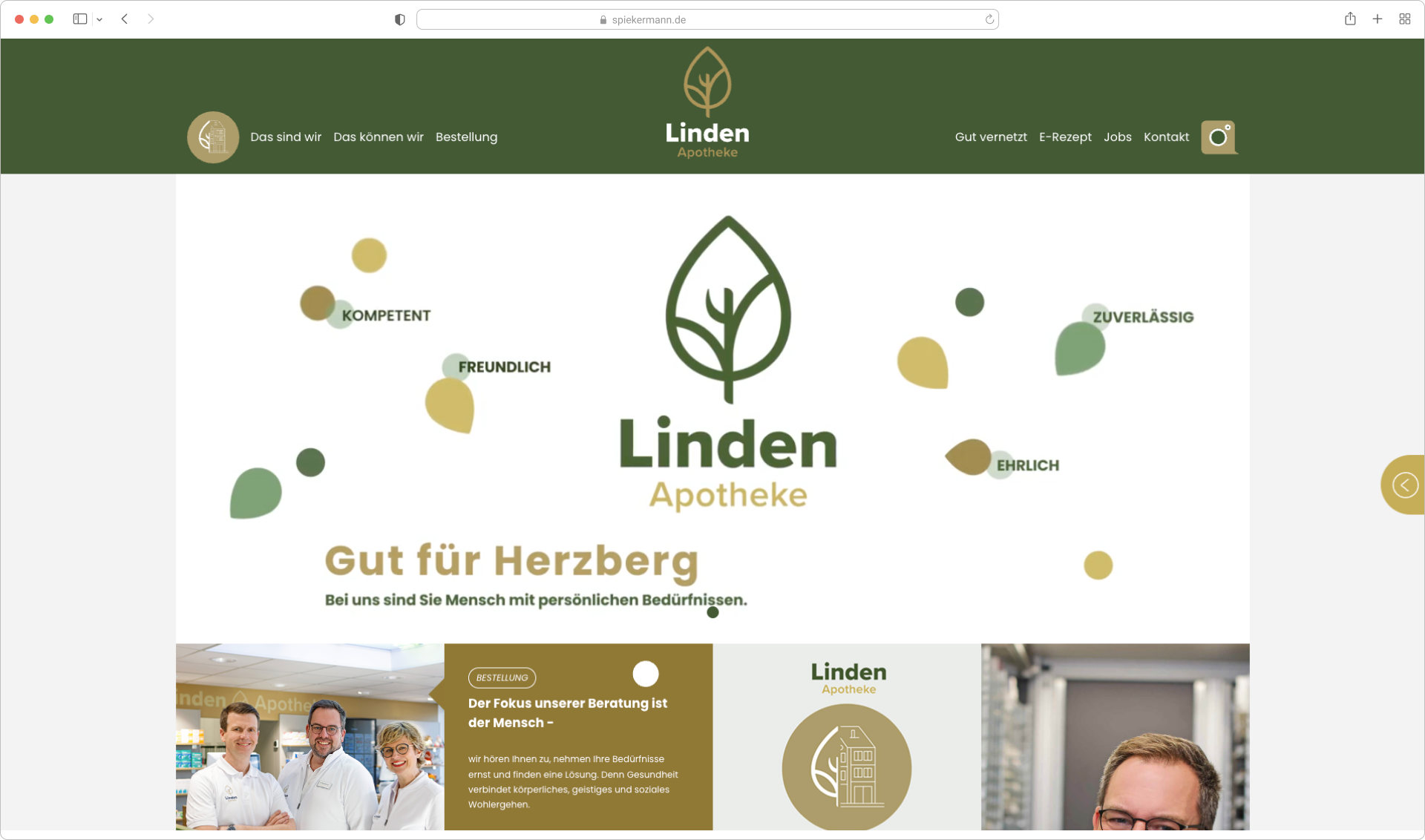 Linden Apotheke Homepage mit grün-goldenem Design, Blattgrafiken, Logo, deutschen Attributen. Webdesign Köln Referenz.