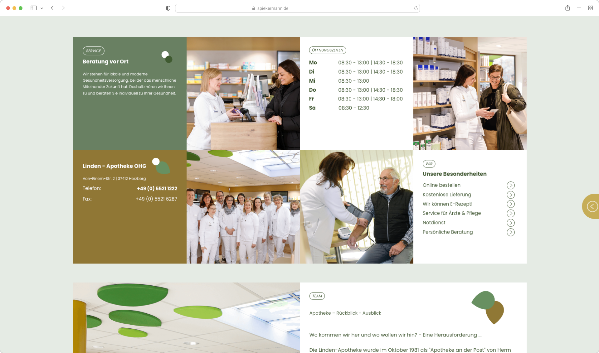 Apotheke Herzberg Website: WordPress Webdesign mit Teamfoto, Service-Übersicht, Öffnungszeiten & Kontakt.