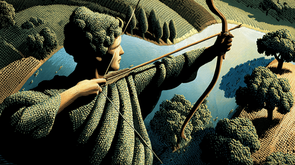 Stilisiertes Webdesign-Mockup für Kunde Müller: Archer zieht Bogen an Fluss, Naturkulisse; inspiriert von Bricks Builder Layout.