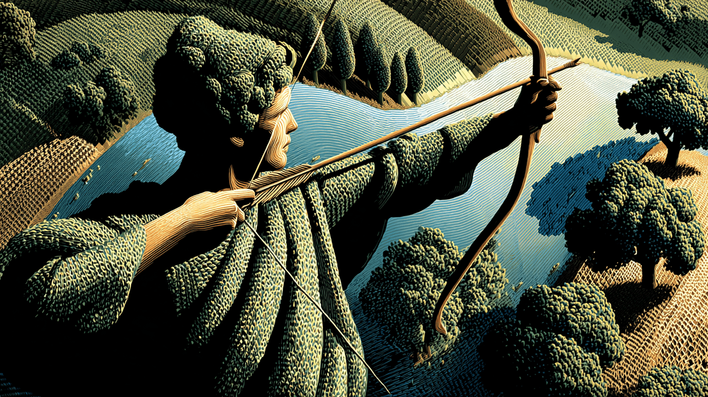 Stilisiertes Webdesign-Mockup für Kunde Müller: Archer zieht Bogen an Fluss, Naturkulisse; inspiriert von Bricks Builder Layout.