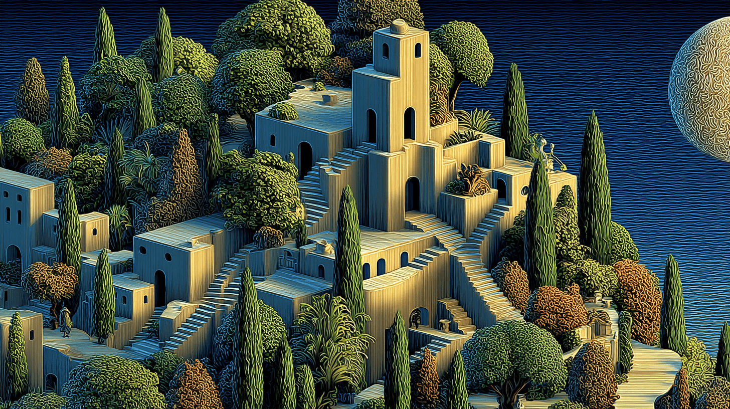 Surreales Webdesign Köln-Referenzbild: Stufengebäude mit vielen Treppen, Bäumen, dunklem Himmel und großem Mond für Kunde Müller.