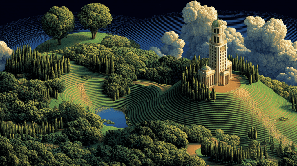 Bricks Builder Referenz: Prunkvolles Kuppelgebäude auf Hügel, umgeben von Wald und Teich unter dramatischem Himmel.