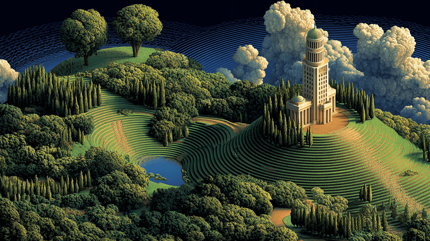 Bricks Builder Referenz: Prunkvolles Kuppelgebäude auf Hügel, umgeben von Wald und Teich unter dramatischem Himmel.