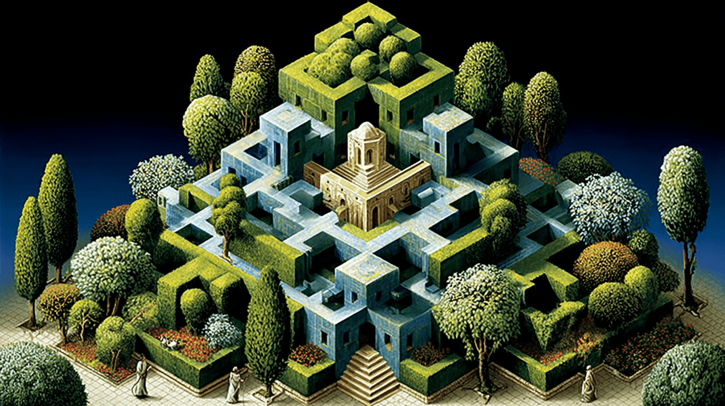 Webdesign Köln: Surreales, gestuftes Garten-Labyrinth mit geometrischen Wegen, Hecken und zentralem Steingebäude für Referenz.