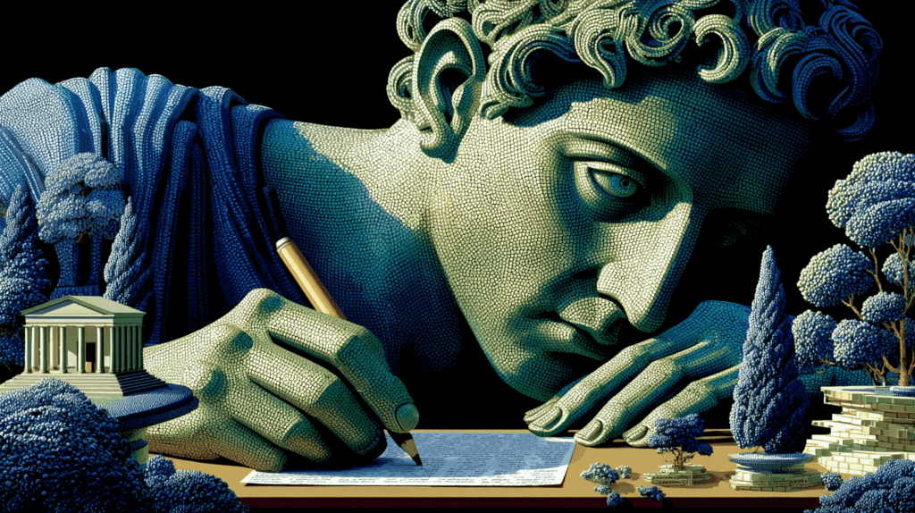 Klassische Statue schreibt mit Stift zwischen Miniaturbauten - kreatives Webdesign Köln für Kunde Acme, inspiriert von Antike.