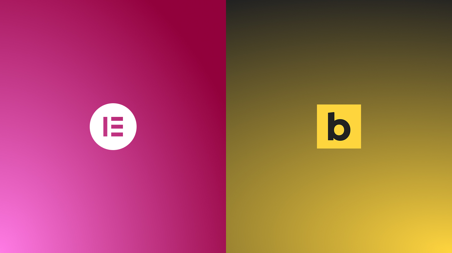 PinkerVerlauf mit Elementor Logo links, gelber Bereich mit schwarzem b (Bricks Builder) rechts - Webdesign Köln.