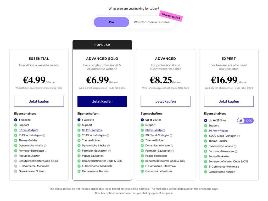 Preisübersicht für Kundin Müller: 4 WooCommerce Bundles, Advanced Solo hervorgehoben, "Jetzt kaufen". Webdesign Köln.