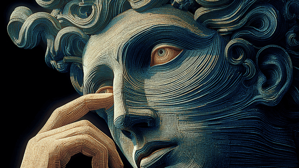 Moderner Ziegelstein Builder Stil: Nahaufnahme antiker Statue mit Hand am Gesicht, künstlerisch interpretiert für Projekt Müller Webdesign.