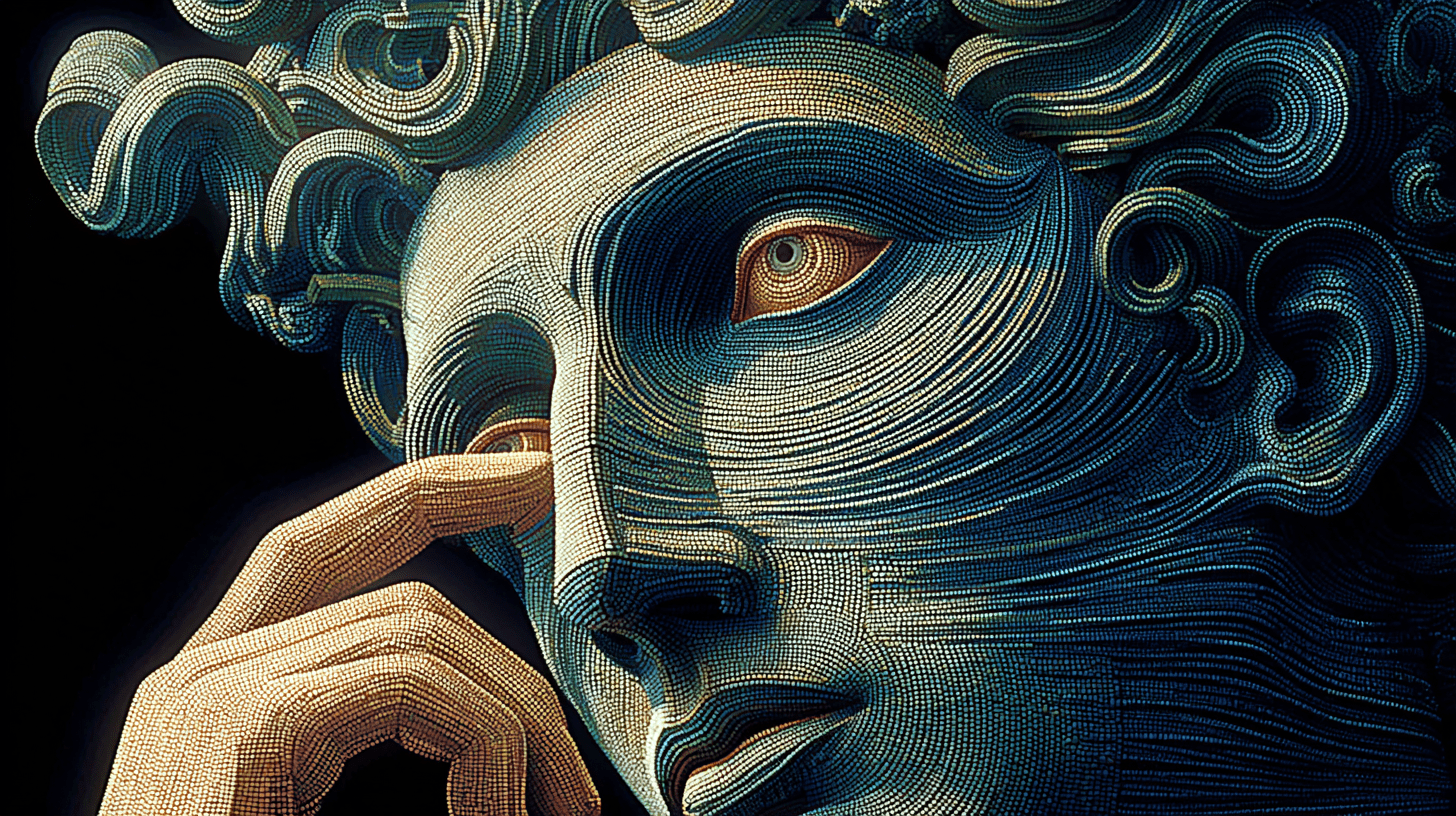 Moderner Ziegelstein Builder Stil: Nahaufnahme antiker Statue mit Hand am Gesicht, künstlerisch interpretiert für Projekt Müller Webdesign.